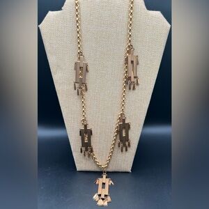 Sylvia Benson Vintage Necklace Gold Tone Geometric Design Tassel Pendant